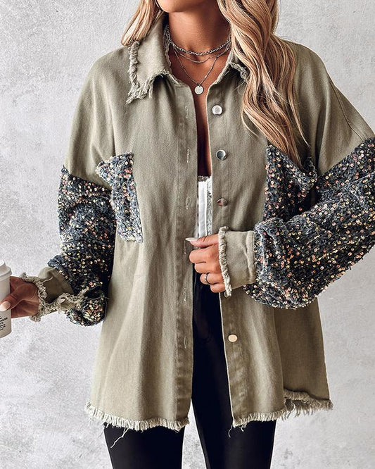 Contrast Sequin Raw Hem Shacket luxury outerwear sequins hacket Collar Collared Women's Corduroy plaid  shirt Women's Double Button Lapel Coat