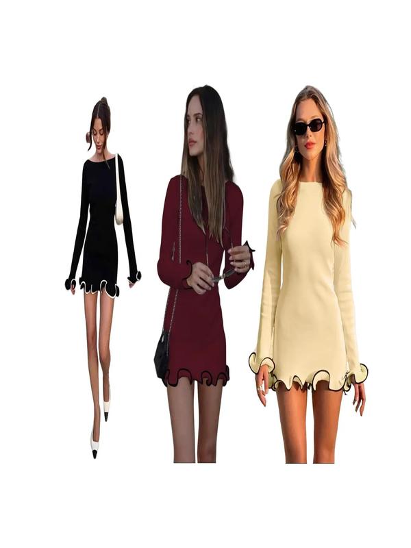 Christmas Deals Women's Contrast Binding Flounce Sleeve Bodycon Sweater Dress Fashion Dress, Elegant Long Sleeve Round Neck Knit Dress for Party Holiday, Womenswear, Casual Wear, Women's Knitwear  Party Dress for Fall & Winter, Christmas 2024 Trend