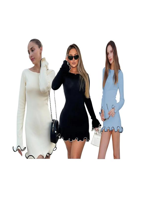 Christmas Deals Women's Contrast Binding Flounce Sleeve Bodycon Sweater Dress Fashion Dress, Elegant Long Sleeve Round Neck Knit Dress for Party Holiday, Womenswear, Casual Wear, Women's Knitwear  Party Dress for Fall & Winter, Christmas 2024 Trend