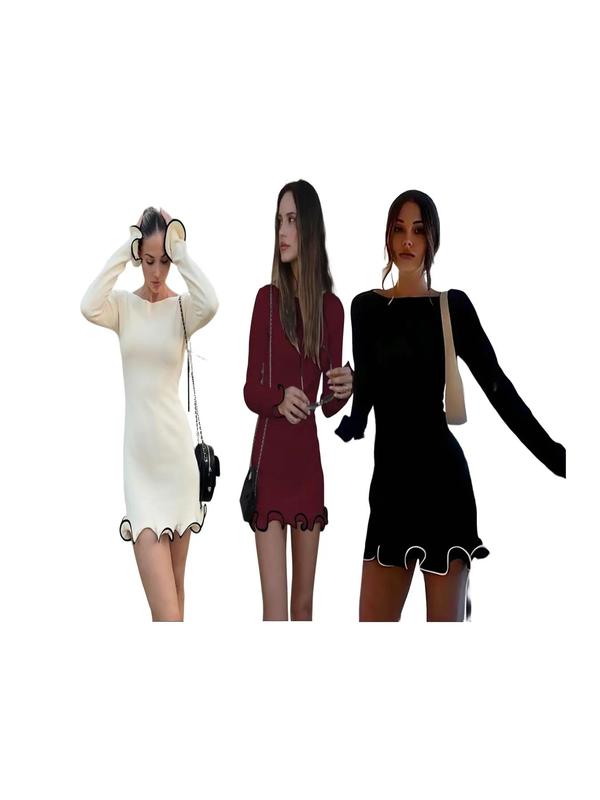 Christmas Deals Women's Contrast Binding Flounce Sleeve Bodycon Sweater Dress Fashion Dress, Elegant Long Sleeve Round Neck Knit Dress for Party Holiday, Womenswear, Casual Wear, Women's Knitwear  Party Dress for Fall & Winter, Christmas 2024 Trend