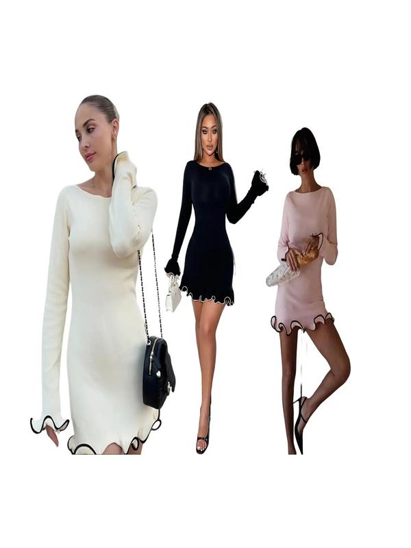 Christmas Deals Women's Contrast Binding Flounce Sleeve Bodycon Sweater Dress Fashion Dress, Elegant Long Sleeve Round Neck Knit Dress for Party Holiday, Womenswear, Casual Wear, Women's Knitwear  Party Dress for Fall & Winter, Christmas 2024 Trend