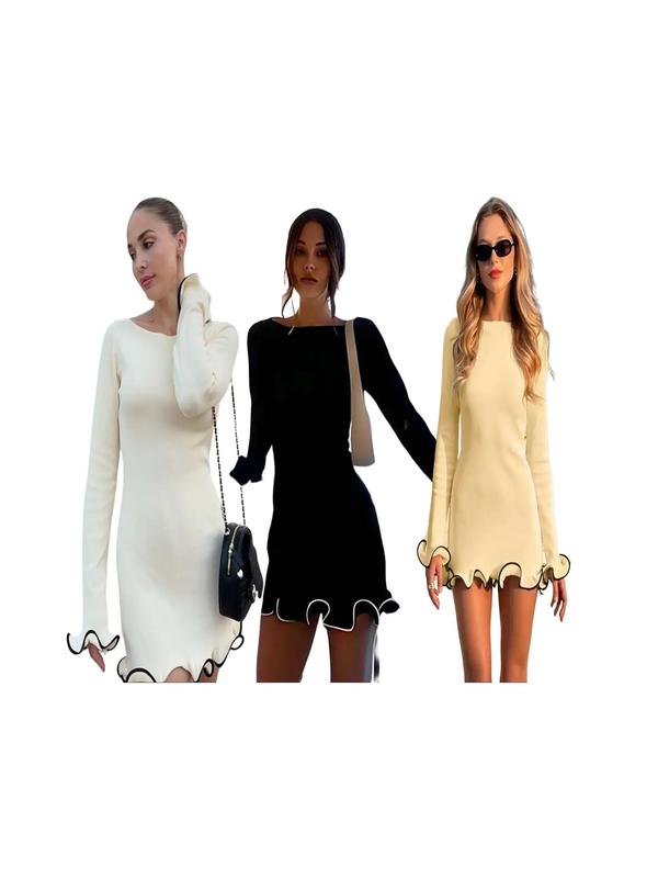 Christmas Deals Women's Contrast Binding Flounce Sleeve Bodycon Sweater Dress Fashion Dress, Elegant Long Sleeve Round Neck Knit Dress for Party Holiday, Womenswear, Casual Wear, Women's Knitwear  Party Dress for Fall & Winter, Christmas 2024 Trend